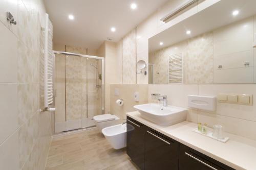 W łazience znajduje się umywalka, toaleta i prysznic. w obiekcie Artus Resort w mieście Karpacz
