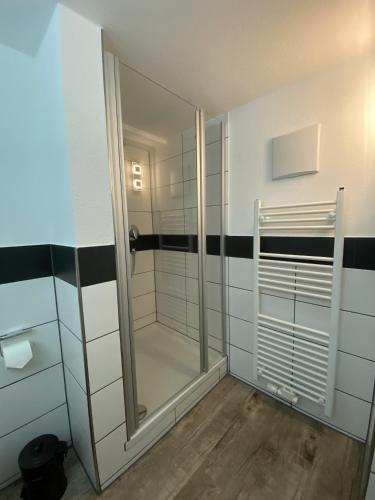 a shower with a glass door in a bathroom at Surrbach Chalet in Baiersbronn
