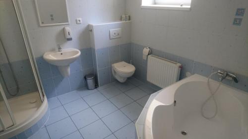 a bathroom with a sink and a tub and a toilet at Hotel Antler in Studénka