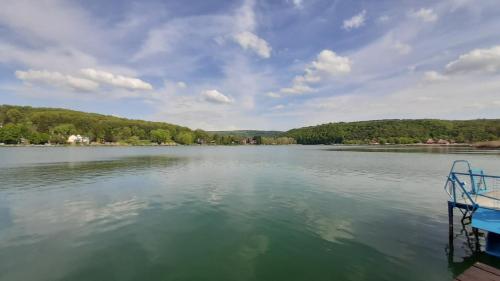 a view of a lake with a boat in the water at Onix - Orfű Apartman in Orfű