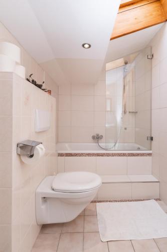 ベルヒテスガーデンにあるBauernhof Vorderstiedlerのトイレと浴槽を備えた白いバスルーム