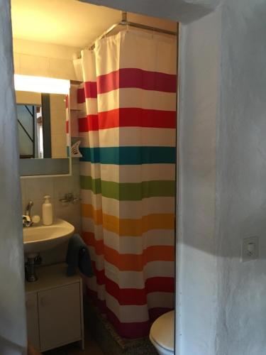 baño con cortina de ducha colorida y lavamanos en Casa Poiana en Ronco s/Ascona - Porto Ronco