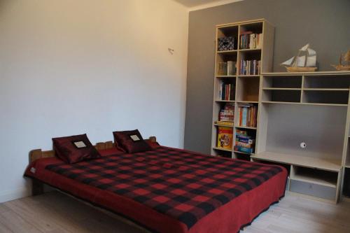 a bedroom with a bed and a book shelf at Siedlisko Podlasie in Kuraszewo