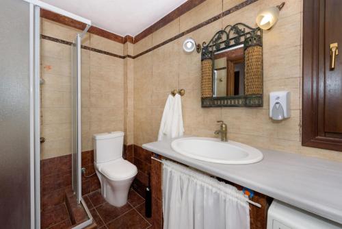 a bathroom with a toilet and a sink and a mirror at Danai House in Nea Roda