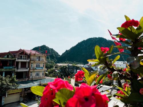 Blick auf eine Stadt mit Blumen im Vordergrund in der Unterkunft Gold Plus Hotel in Phong Nha