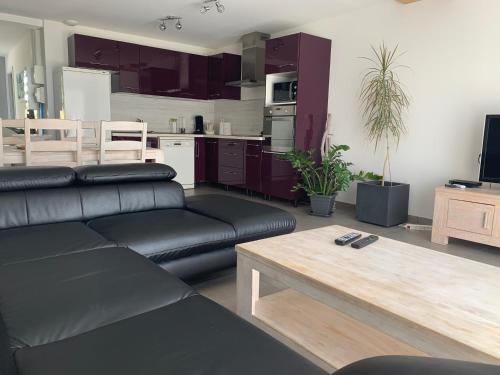 un salon avec un canapé noir et une table dans l'établissement Villa Catalina, à Annecy