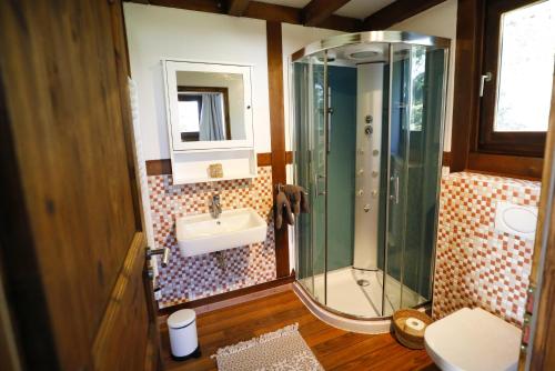 a bathroom with a shower and a sink at Pferdehof Schorfheide in Schorfheide