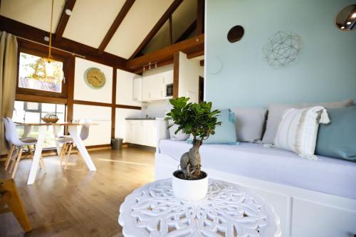 a living room with a couch and a table with a plant at Pferdehof Schorfheide in Schorfheide