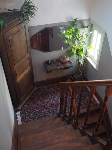 a hallway with a staircase with a door and plants at Les Remparts in Binche