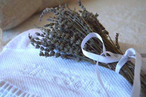 a white ribbon sitting next to a bunch of lavender at Un sogno B&B in Marghera