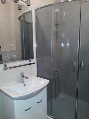 łazienka z umywalką i prysznicem w obiekcie Apartament Centre w mieście Giżycko