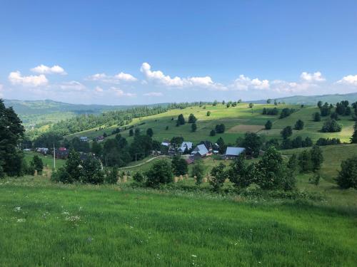 a green hill with houses in the middle of a field at Siumno Izba B&B Brzegi in Brzegi