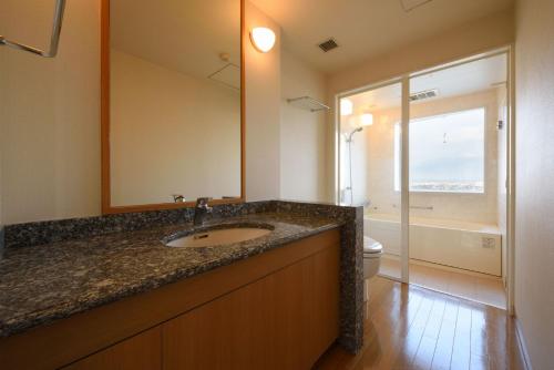 een badkamer met een wastafel, een spiegel en een toilet bij Grand Hotel New Oji in Tomakomai