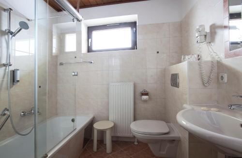 a bathroom with a toilet and a tub and a sink at Landhotel Agathawirt in Bad Goisern