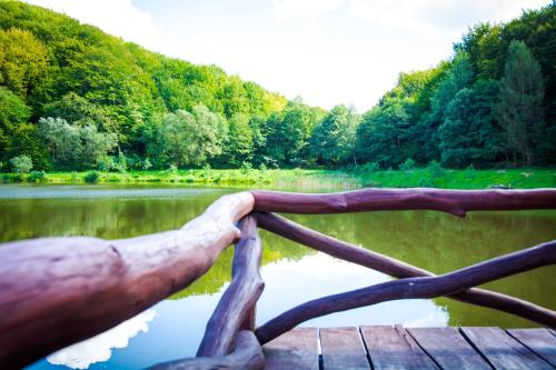 a wooden bridge over a body of water at Tsisarske Urochyshe in Rozgirche