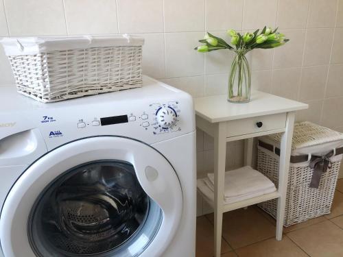 a washing machine in a bathroom with a vase of flowers at Rose e Tulipani in Negrar
