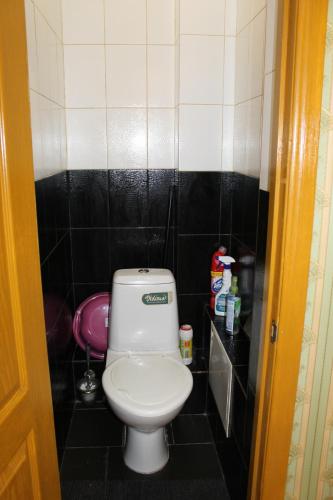 a bathroom with a toilet and a black and white tiled wall at Квартира-студия in Chernihiv
