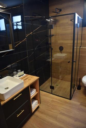 a bathroom with a glass shower and a sink at Selfie's Boutique Hotel in Tiberias