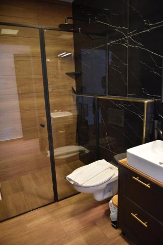 a bathroom with a toilet and a glass shower at Selfie's Boutique Hotel in Tiberias