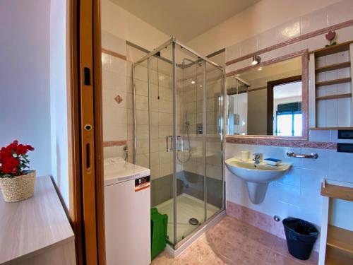 a bathroom with a glass shower and a sink at Residence Bellavista in Manerba del Garda