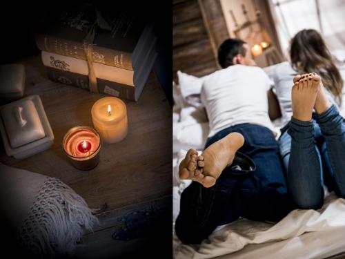 two pictures of a man and a woman laying on a bed at Berry House in Vigolo Vattaro