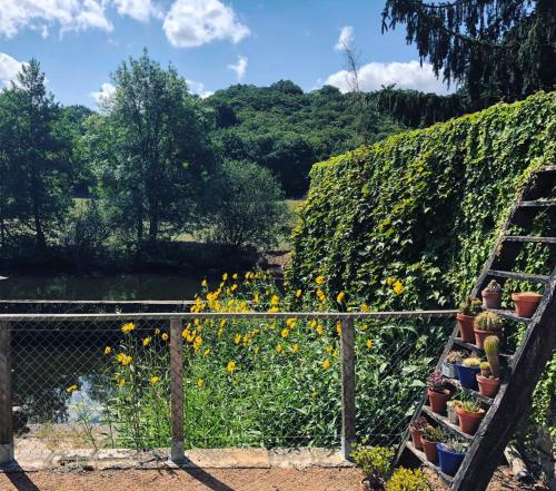 a garden with sunflowers on a fence at Moulin Pont Vieux Chambres d'hôtes in Mortagne-sur-Sèvre