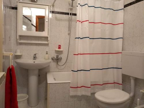 ein Badezimmer mit Waschbecken, WC und Duschvorhang in der Unterkunft A casa di Giuly (Monolocale) in Ceriale