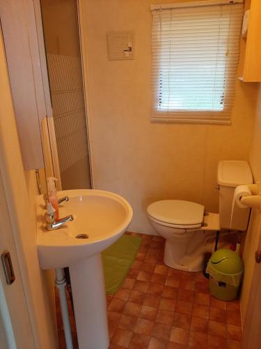 een badkamer met een wastafel en een toilet bij Domek nad jeziorem Gaładuś in Sejny