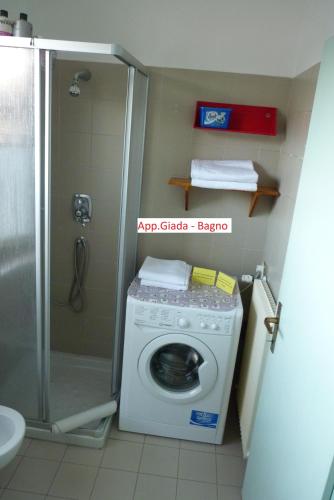 a washing machine in a bathroom with a shower at Appartamento Masi in Lasino
