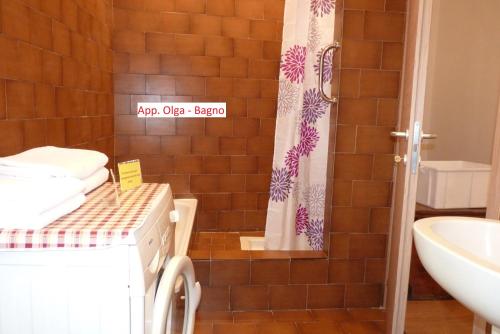 a bathroom with a shower and a washing machine at Appartamento Masi in Lasino