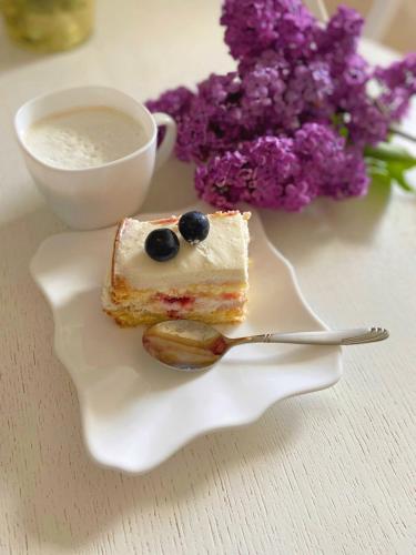 a piece of cake on a plate with a spoon at Karpatska Mria in Yaremche