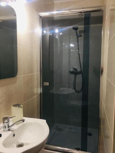 a bathroom with a shower and a sink at U Wróbelka in Grzybowo