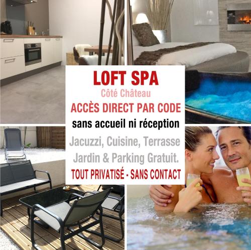 un collage de fotos de una piscina y un anuncio de un spa en LOFT SPA - Côté château., en Carcassonne