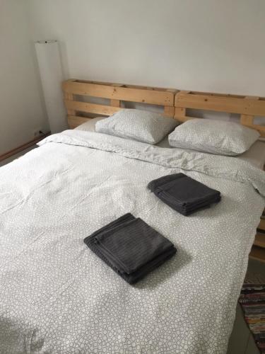 a bed with two black trays on top of it at Piebalgas street apartment in Cesis in Cēsis