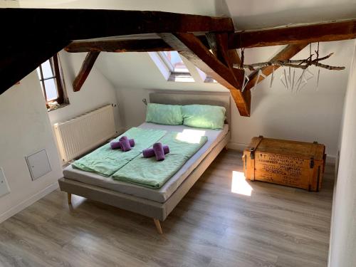 ein Schlafzimmer mit einem Bett mit lila Teddybären darauf in der Unterkunft Altes Zehnthaus Geierlay in Mittelstrimmig