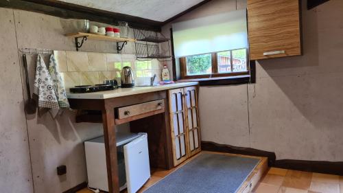 eine kleine Küche mit einer Theke und einem Waschbecken in der Unterkunft Domek pod lasem in Mikołajki