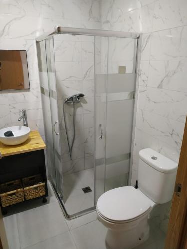 a bathroom with a shower with a toilet and a sink at Siglas & Runas II in Póvoa de Varzim