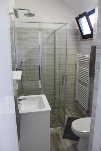 ein Bad mit einer Dusche, einem Waschbecken und einem WC in der Unterkunft Apartment Nikolena in Rovinjsko Selo