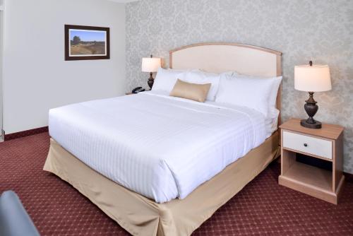 a large bed with white sheets and pillows in a hotel room at Appomattox Inn and Suites in Appomattox