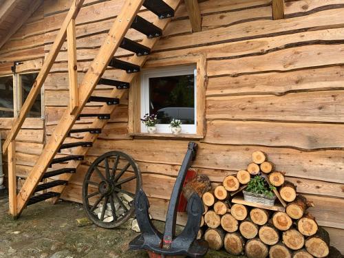 a wooden cabin with a ladder and a pile of logs at Zakątek RąbÓwka Dom Ryby Bania in Rąb