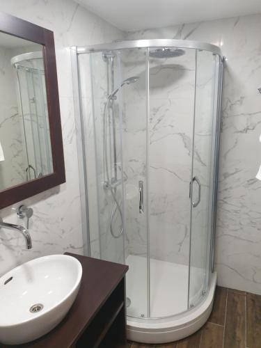 W łazience znajduje się szklana kabina prysznicowa i umywalka. w obiekcie MARBEO 5 Star Luxury Suites - Siena w mieście Lipawa