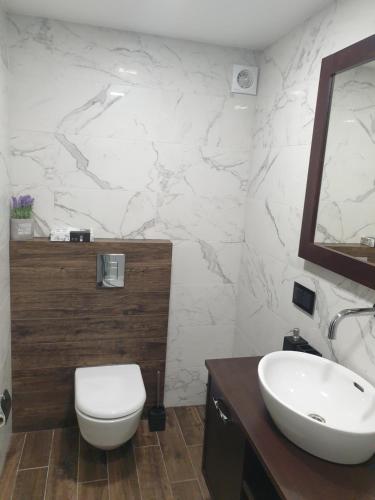 Łazienka z białą toaletą i umywalką w obiekcie MARBEO 5 Star Luxury Suites - Siena w mieście Lipawa