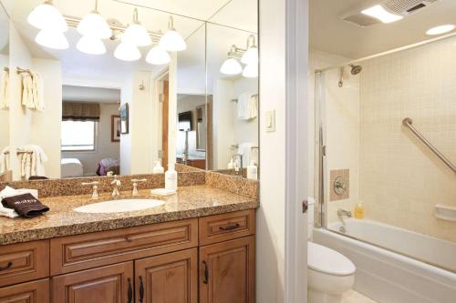 a bathroom with a sink and a toilet and a mirror at Shadowbrook 402 in Snowmass Village