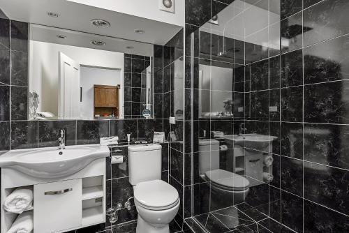 a bathroom with a toilet, sink, and mirror at Quality Hotel Colonial Launceston in Launceston