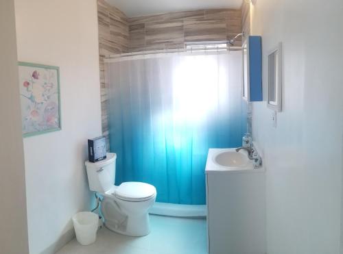a bathroom with a toilet and a shower and a sink at La Villa Azul - A Beachy Stay in Miami in Miami