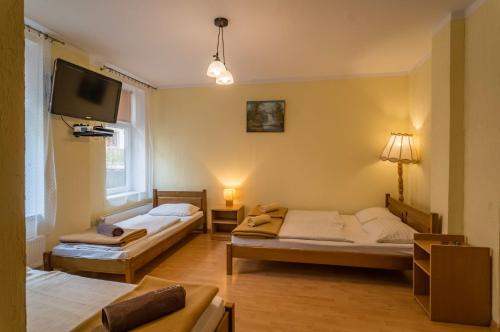 Cette chambre comprend 2 lits et une télévision à écran plat. dans l'établissement Jakubówka, à Szczawnica