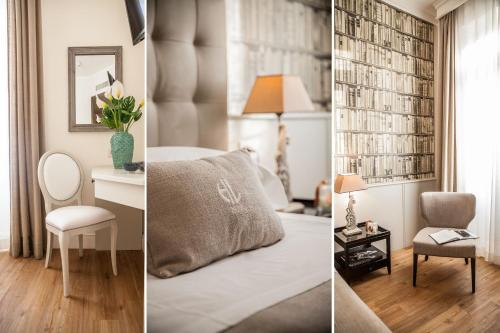 two pictures of a bedroom with a bed and a desk at Hotel Lido in Alassio