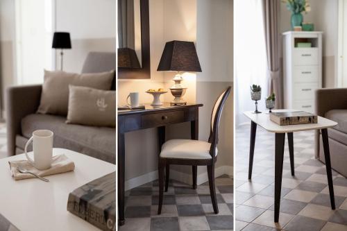 2 immagini di un soggiorno con tavolo e scrivania di Hotel Lido ad Alassio