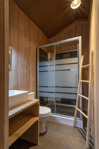 een badkamer met een toilet, een wastafel en een spiegel bij Lodgetent in Goebelsmuhle