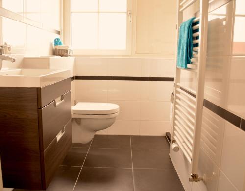 La salle de bains est pourvue de toilettes et d'un lavabo. dans l'établissement De Sprink - Vakantiewoning, à Zoutelande
